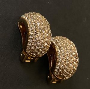 Vintage CHRISTIAN DIOR Signed Swarovski Pave Half Hoop Clip Earrings Gold Tone